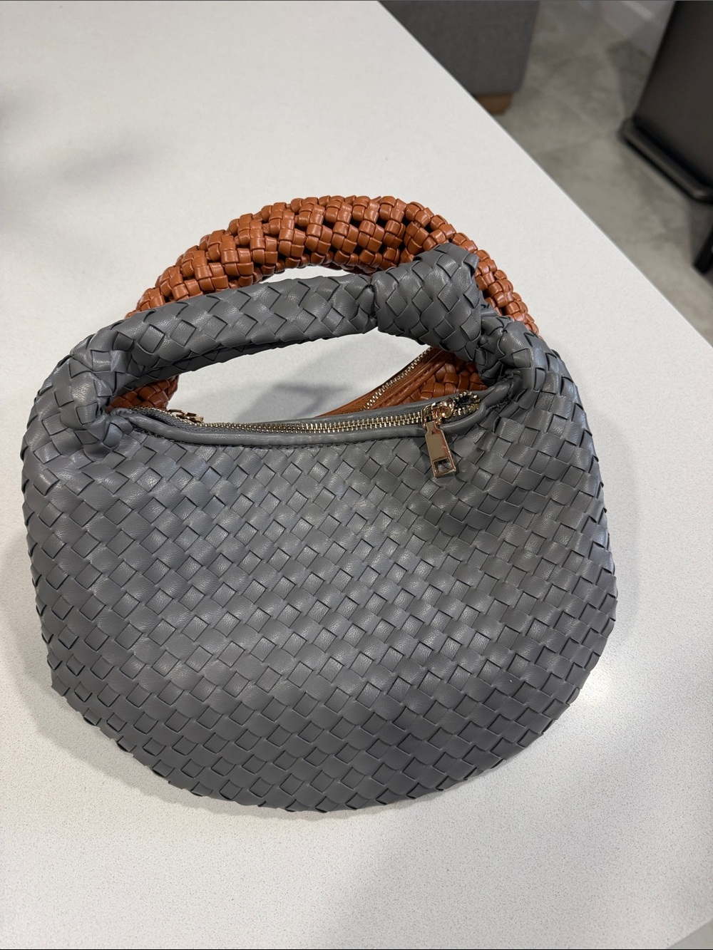 Combo Braided Handle Woven Hand Bag - one Gray and another Brown